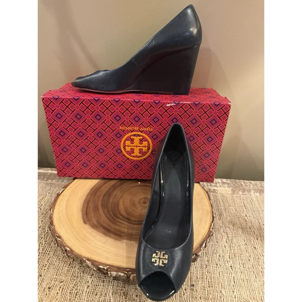 Tory Burch Jolie Peep Toe Wedge Pump Navy Blue Nappa Leather MRSP Sz-8 $290